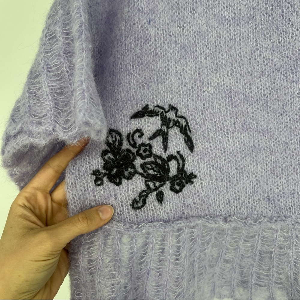 Free People Purple Embroidered Alpaca Blend Cropped Pointelle Knit Sweater S NWT - Picture 4 of 10